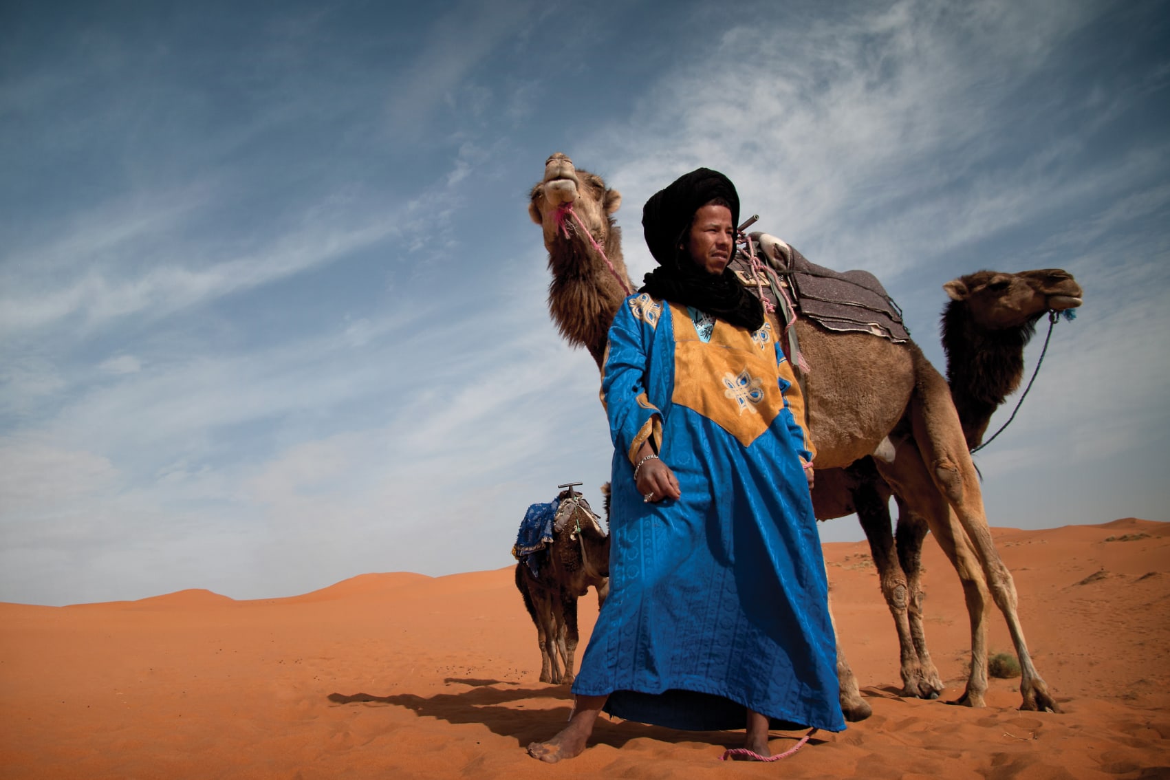 camel guide Morocco a traditionally dressed guide leads a camel through the Moroccan sand dunes