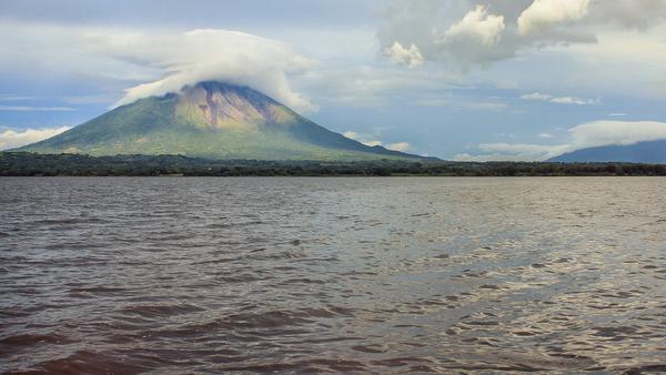 Clouds cover summit of volcano at Lake Ometepe, Nicaragua